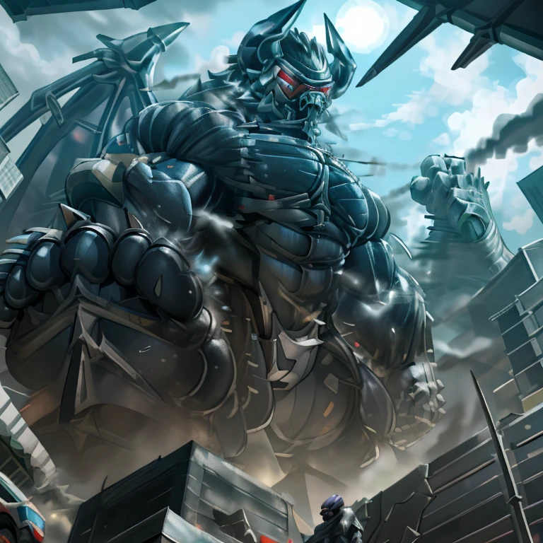 (masterpiece. official art. 8k. best quality. detailed full body. full body.)
(situation 1 : dominating demon lord dragon batzz. focus GIANT mechanical Muscular demon lord dragon batzz is trampling the CITY. macro. stomp. Low-angle perspective. emphasizing the immense size. The perspective is from below, emphasizing the sheer majesty and power of the Giant. giant art. He is much bigger than a skyscraper. Giga Giants. micro soccer field. looking down.)
(situation 2 :smoke and flames rising from the destruction in the city)
(Additional details 1: wearing a full-face helmet. helmet is jet black. The color of NANOSUIT is jet black. high-tech bio-mecha armor. real texture material. whole body shines like metal. Wearing cyberpunk mecha. emphasizes the muscles. suit fully made of metal. intricate armor. Robotic suit. suit fully made of metal. NANOSUIT with the same design as demon lord dragon batzz.). (demon lord dragon batzz has 5 toes.)
(Additional details 2: (Detailed head. Detailed Body. Detailed abs. gigantic muscles. HYPER MUSCLES. Gigachad Muscular. big muscle. pecs. triceps. traps. unusually developed muscular body. body full of huge muscles. showing off muscles. pectorales enormes. Exaggeratedly huge muscles. huge muscles. long legs.).
(Additional details 3: nj5furry, Spread wings. It has wings. black have big wings. The claws are sharp. Sharp teeth.5 toes.).