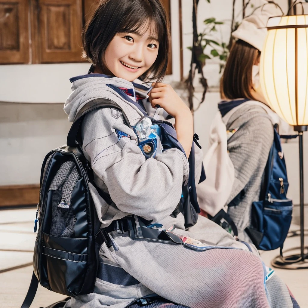 a realistic photo of a Japanese girl, , wearing a , holding a backpack, smiling, high quality, ultra detailed, HDR, 8k resolution