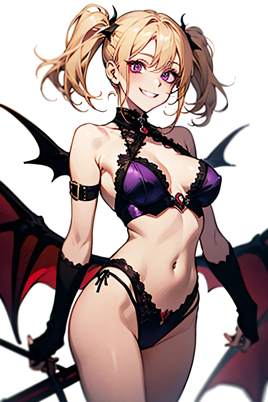 Succubus,Twin tails，Provocative smile，Blonde,Purple devil wings，One devil&#39;s tail.     Las Vegas background.