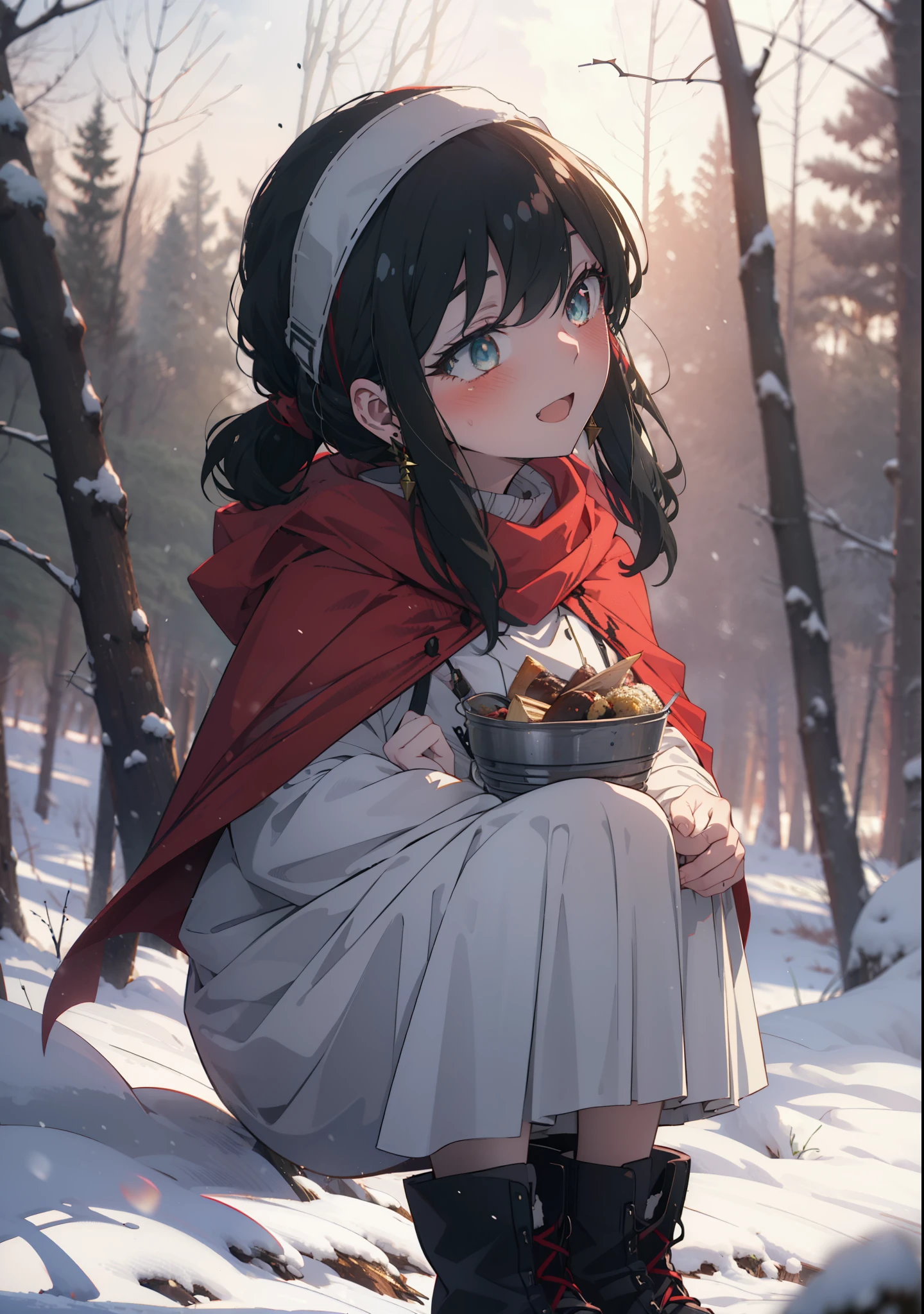 Your thorns, One Girl, blush, Black Hair,Red eyes, hair band, jewelry, Earrings, happy smile, smile, Open your mouth,
Open your mouth,snow,Ground bonfire, Outdoor, boots, snowing, From the side, wood, suitcase, Cape, Blurred, Eat food, forest, White handbag, nature,  Squat, Mouth closed, フードed Cape, winter, Written boundary depth, Black shoes, red Cape break looking at viewer, Upper Body, whole body, break Outdoor, forest, nature, break (masterpiece:1.2), Highest quality, High resolution, unity 8k wallpaper, (shape:0.8), (Beautiful and beautiful eyes:1.6), Highly detailed face, Perfect lighting, Highly detailed CG, (Perfect hands, Perfect Anatomy),