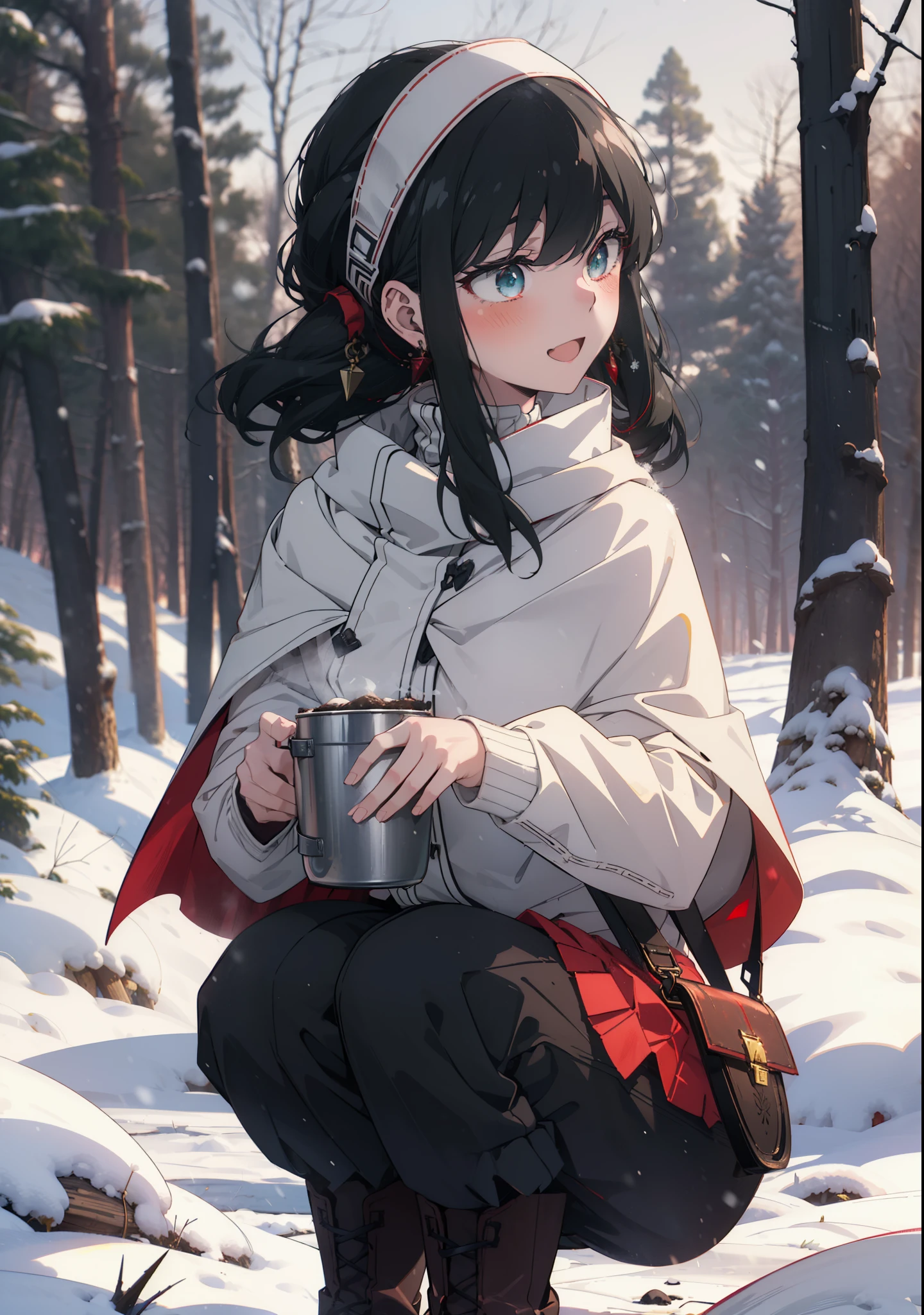 Your thorns, One Girl, blush, Black Hair,Red eyes, hair band, jewelry, Earrings, happy smile, smile, Open your mouth,
Open your mouth,snow,Ground bonfire, Outdoor, boots, snowing, From the side, wood, suitcase, Cape, Blurred, Eat food, forest, White handbag, nature, Squat, Mouth closed, フードed Cape, winter, Written boundary depth, Black shoes, red Cape break looking at viewer, Upper Body, whole body, break Outdoor, forest, nature, break (masterpiece:1.2), Highest quality, High resolution, unity 8k wallpaper, (shape:0.8), (Beautiful and beautiful eyes:1.6), Highly detailed face, Perfect lighting, Highly detailed CG, (Perfect hands, Perfect Anatomy),