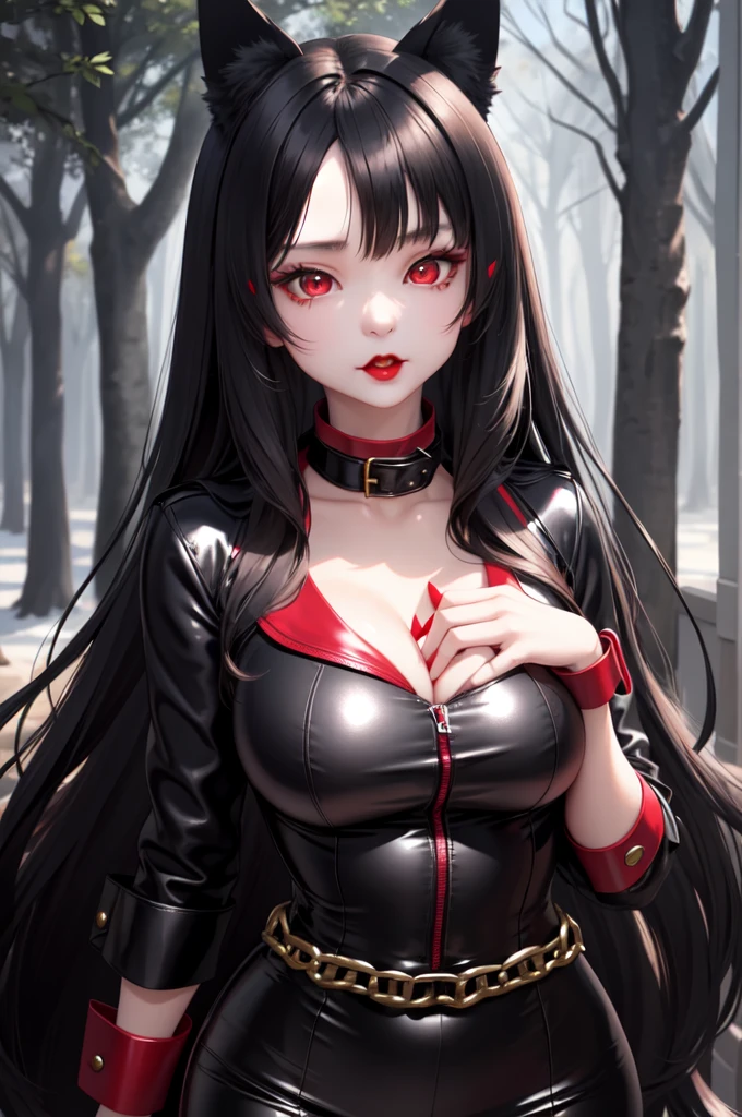 1 girl、Detailed facial details,Cat ear,Black long hair,red lips,Slim,Latex school uniform,Student Clothing,Large Breasts,Charming red eyes,,handcuffs,collar,Radiant Skin,campus,forest