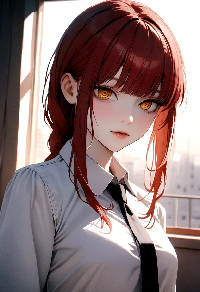 masterpiece, (photorealistic:1.4), best quality, beautiful lighting,
(ulzzang-6500:0.5), makima \(chainsaw man\), (red hair)+(long braided hair)+(bangs), yellow eyes, golden eyes, ((ringed eyes)), (white shirt), (necktie),
RAW photo, 8k uhd, film grain 