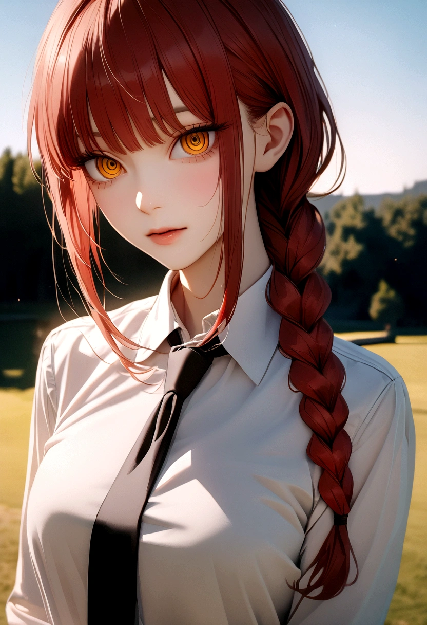 masterpiece, (photorealistic:1.4), best quality, beautiful lighting,
(ulzzang-6500:0.5), makima \(chainsaw man\), (red hair)+(long braided hair)+(bangs), yellow eyes, golden eyes, ((ringed eyes)), (white shirt), (necktie),
RAW photo, 8k uhd, film grain 