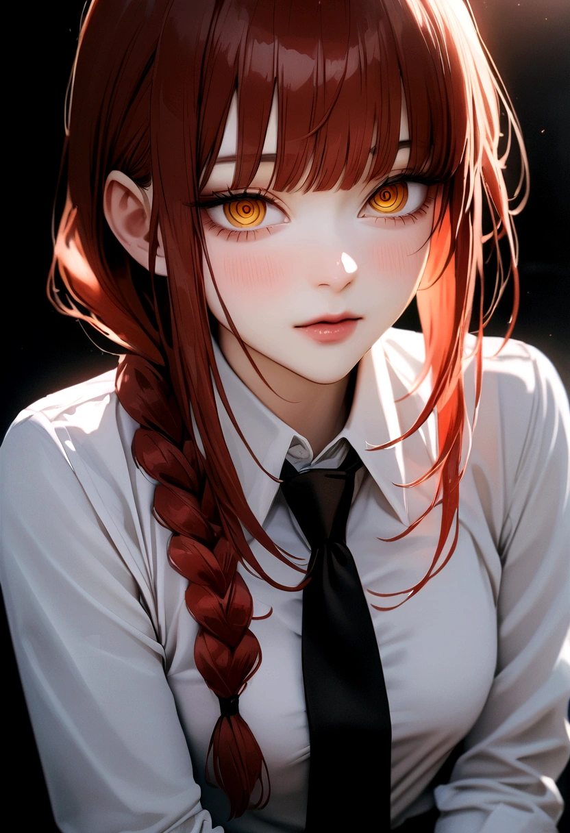 masterpiece, (photorealistic:1.4), best quality, beautiful lighting,
(ulzzang-6500:0.5), makima \(chainsaw man\), (red hair)+(long braided hair)+(bangs), yellow eyes, golden eyes, ((ringed eyes)), (white shirt), (necktie),
RAW photo, 8k uhd, film grain 