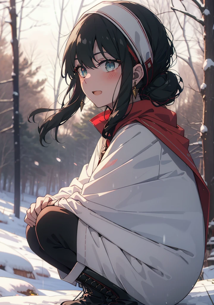 Your thorns, One Girl, blush, Black Hair,Red eyes, hair band, jewelry, Earrings, happy smile, smile, Open your mouth,
Open your mouth,snow,Ground bonfire, Outdoor, boots, snowing, From the side, wood, suitcase, Cape, Blurred, Eat food, forest, White handbag, nature, Squat, Mouth closed, フードed Cape, winter, Written boundary depth, Black shoes, red Cape break looking at viewer, Upper Body, whole body, break Outdoor, forest, nature, break (masterpiece:1.2), Highest quality, High resolution, unity 8k wallpaper, (shape:0.8), (Beautiful and beautiful eyes:1.6), Highly detailed face, Perfect lighting, Highly detailed CG, (Perfect hands, Perfect Anatomy),