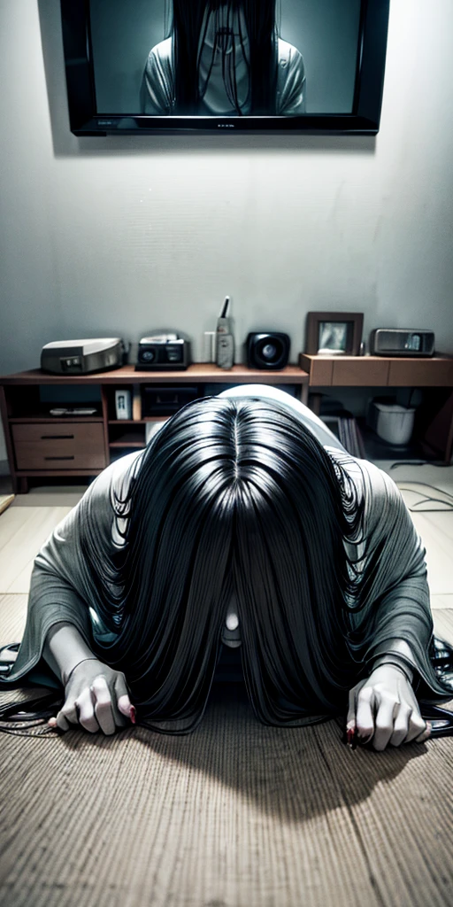 Sadako, soaking, wet robe, gray colored skin, Hair covers the face, sexy for.Sadako crawled out of the TV，A woman lying on the floor in front of the TV, japanese horror, style of hajime isayama, japanese horror movie footage, Junji Ito 4K, japanese pop surrealism