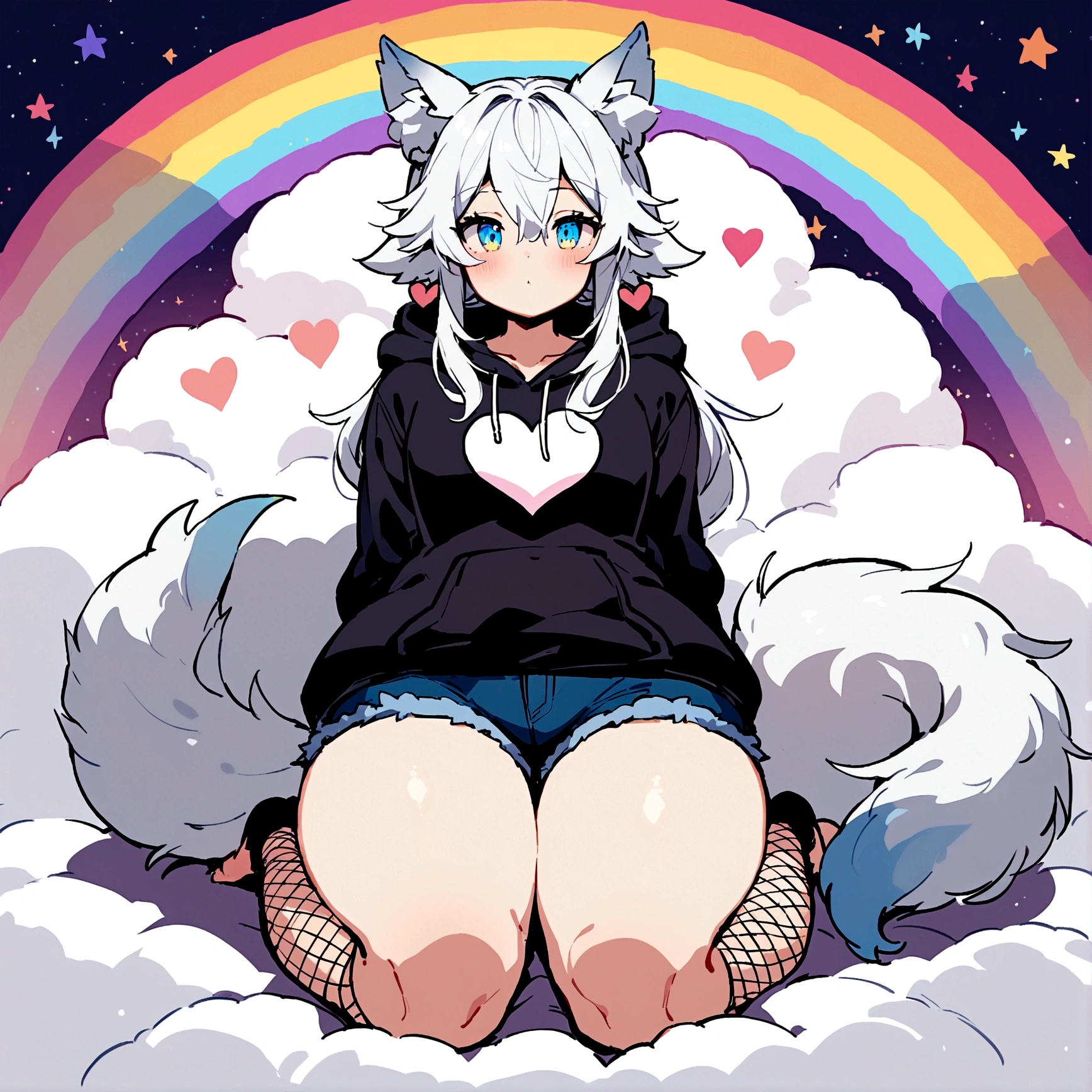 a cute adult male with wolf ears, long white hair, long locks, has a wolf tail, wearing a loose cropped black hoodie, wearing a pair of denim short shorts and fishnet stockings, thick thighs, wide hips, relaxing on mound of fluffy multi colored kawaii plushies, short, very slim, showing slender tummy, heart on hoodie, squishy thighs, has glowing blue eyes. alone, solo (ALONE)(SOLO), surrounded by rainbows, colorful galaxy backround