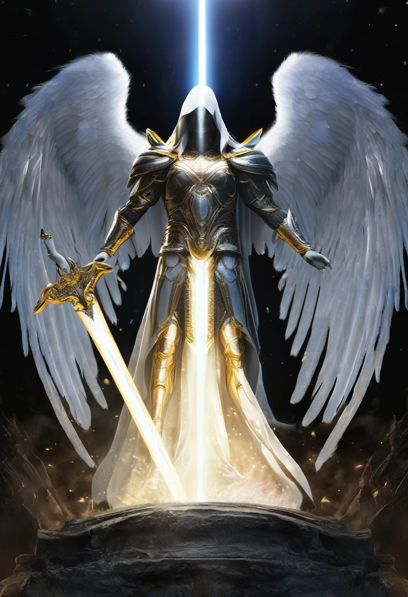 Arched over the charred battlefield of eternity, the Archangel Michael reveals his majestic figure, cloaked in porcelain-white armor pulsating with ethereal light. With complete mighty wings outstretched, his sword gleams, cleaving through the darkness as waves of malevolent creatures are torn asunder in his wake. Fierce determination fills his otherworldly eyes as he symbolizes the untiring spirit of cosmic justice, a beacon of hope for all realms. there are 3 spheres of light near the archangel. digital art, black background