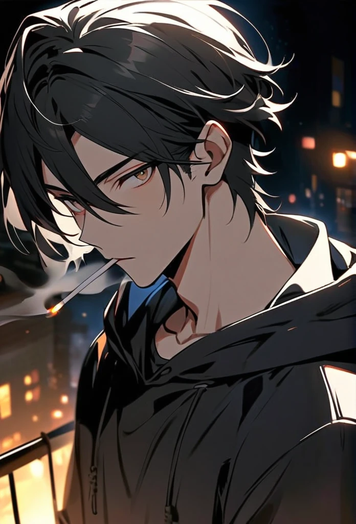 Handsome, solo, 1 male, black hair with smoke gray hairtips, brown eyes, black shirt, black and white hooded, smoking, night, black light