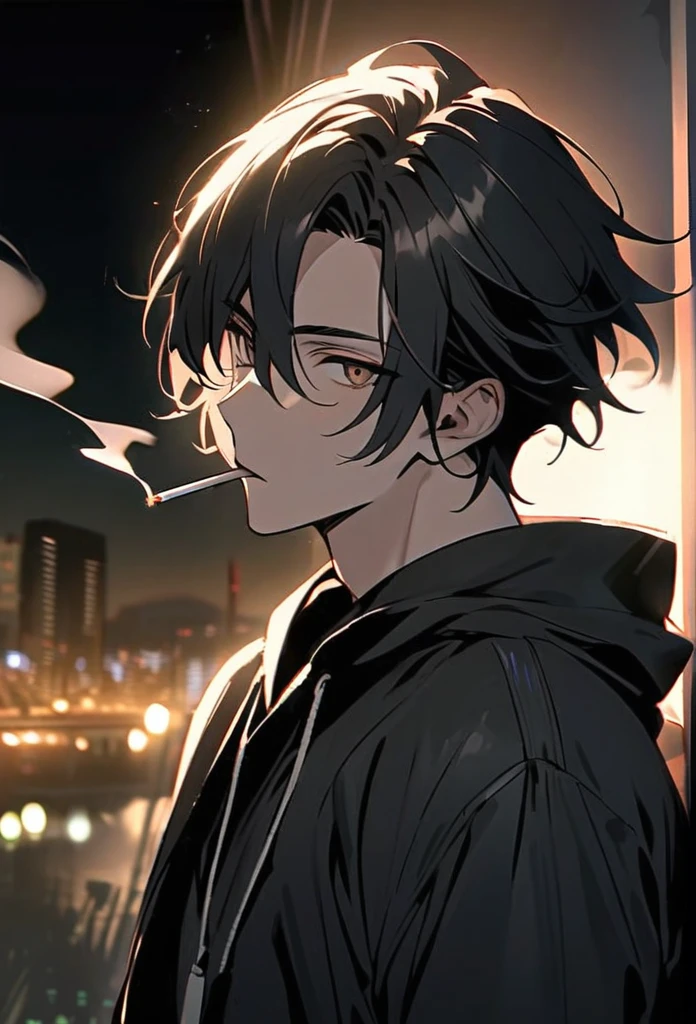 Handsome, solo, 1 male, black hair with smoke gray hairtips, brown eyes, black shirt, black and white hooded, smoking, night, black light