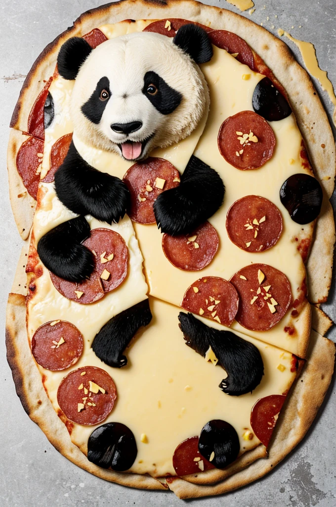 animated panda bear, tender eating a slice of pepperoni pizza, where the slice stands out while the melted cheese falls