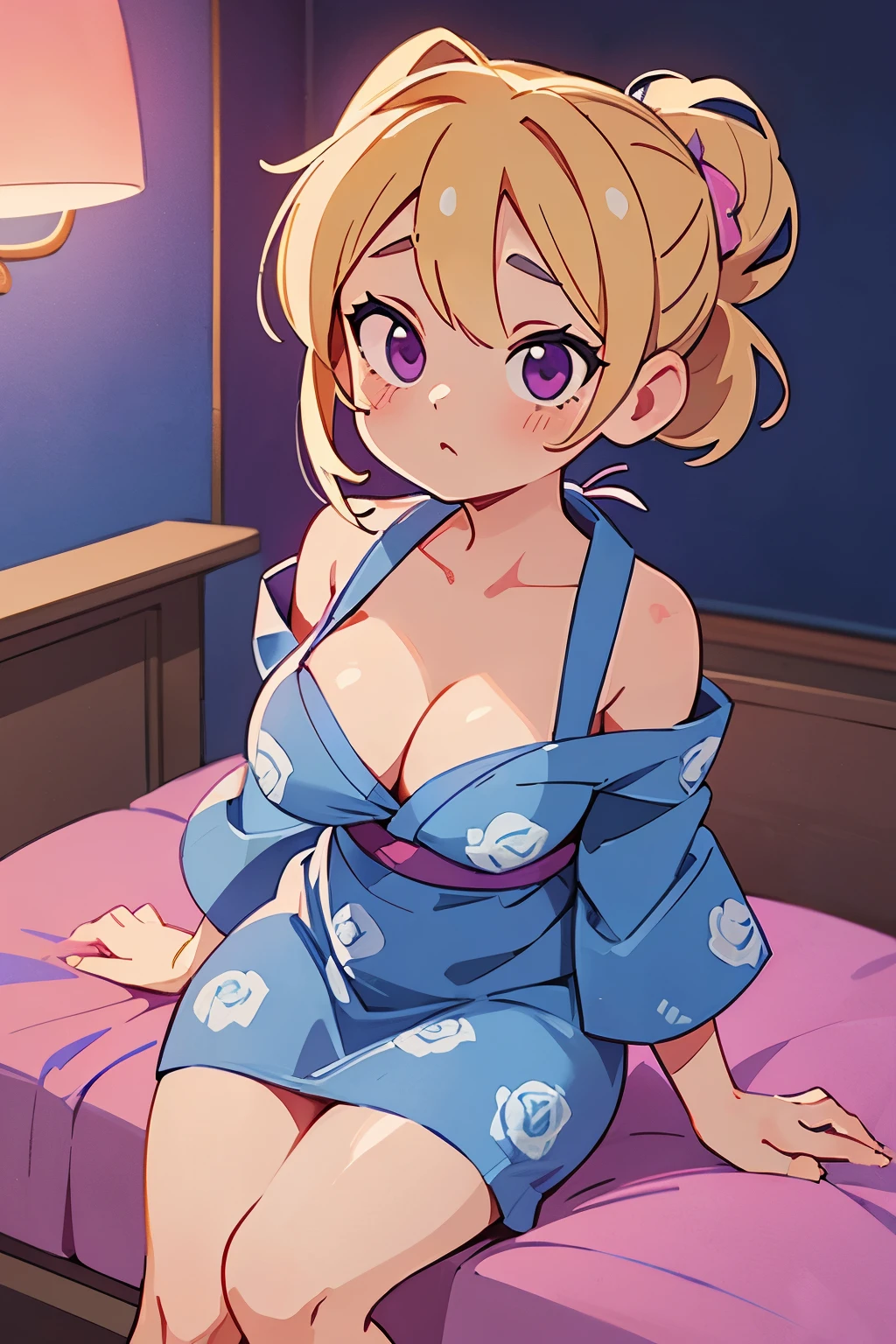 21yo girl, blonde hair, updo Hair. (Wearing blue with rose pattern yukata, off-shoulders, show cleavage), natural big breast, show big thigh, plump body, sitting on the bed. Dark background. Voncrete background. Magenta Polaroid. Retro. the walls are covered with retro posters. Flash light