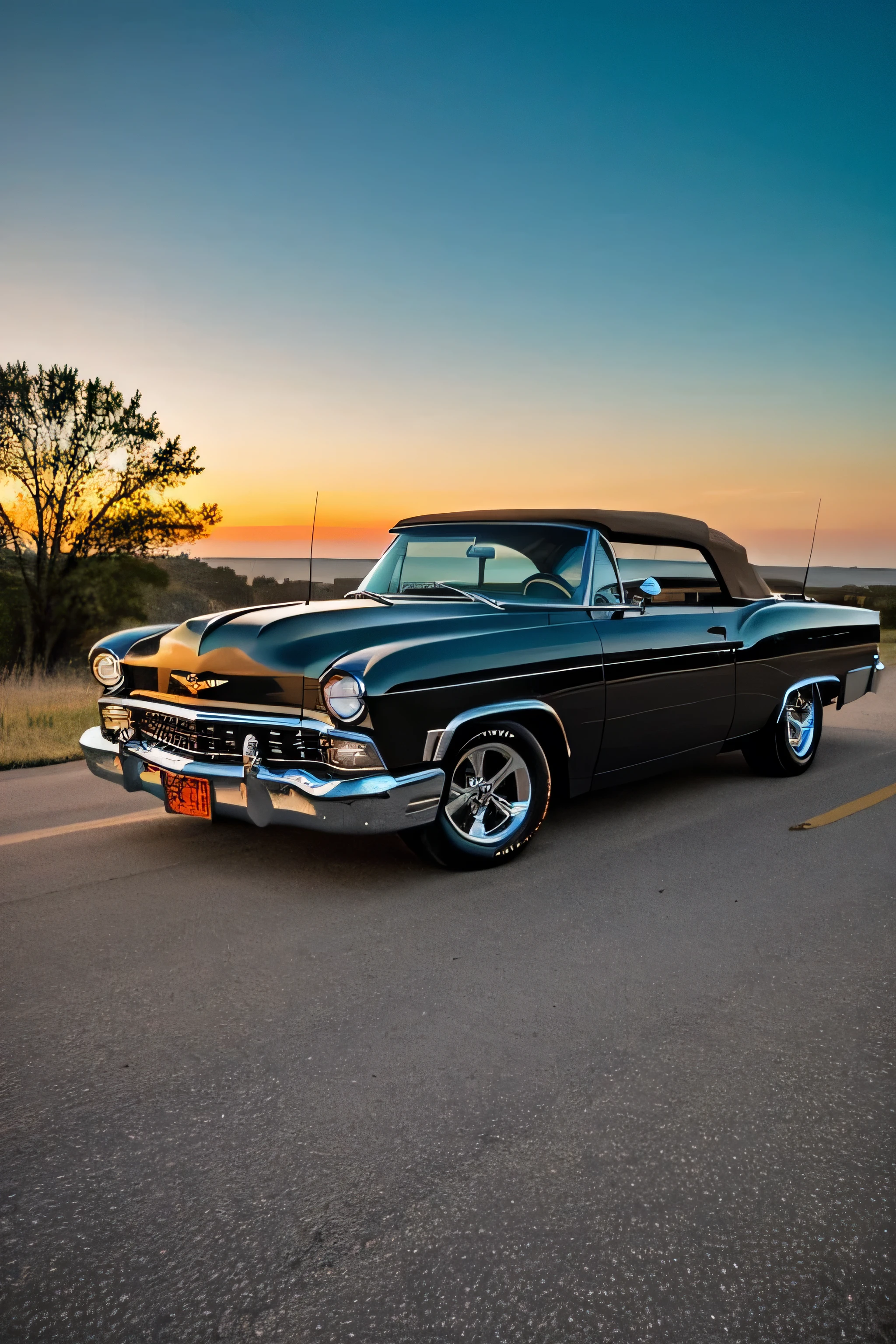 Make me an Aggressively beautiful dark-colored Chevrolet Bel air convertible on the road in front of a sunset, that the vehicle is appreciated in full body from an angle that adds rigidity