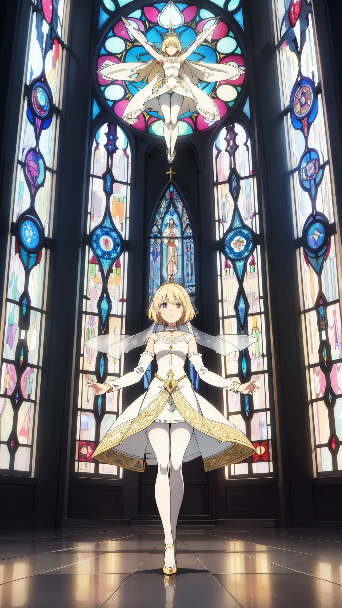 1girl ,20s,light blonde hair,short hair,white high heels,white pantyhose,pointy ears,church, stained glass, in a glowing dress, fantastical, illuminated, serene, majestic, colorful, reflective, ethereal, spiritual, tranquil, vibrant, intricate, patterned, ornate, mystical, elegant, shimmering, radiant, graceful, peaceful, historic, sacred, artistic, dreamy, whimsical, solemn, enchanting, divine,Wedding veil, holding a crucifix with both hands