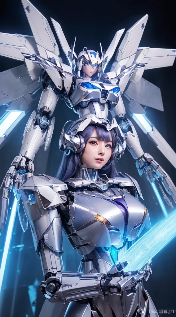 ((Intense action pose:1.6))、((Shining lenses on both breasts:1.3))、((Blue pillars of light are emanating from both chests.:1.3))、smile、((8K)), ((32k)), ((Highest quality)), ((masterpiece)), ((超A high resolution)), ((Tmasterpiece)), ((Halation:1.4))、((Mechaニカルheadgear:1.2))、((Cyber headphones:1.3))、Fine skin, High quality fabric, Fine metal texture、((Beautiful and dense face))、RAW Photos、Professional, Ultra-fine painting, ((alone)), Beautiful breasts、Highest quality, Very detailed, Very detailed詳細, Finer details, so beautiful, ((Princess Knight Robot:1.2)), (Joints of machines, Mechanical Limbs:1.3), (The internal structure of the machine is exposed:1.3), (Long silver hair:1.1), (Beautiful and huge mechanical breasts)、White Veil, cowboy_shot, Side Focus, headgear, Shiny、(Five Fingers, Four fingers and thumb),Concept Art, Anime fantasy artwork, Detailed fantasy art, (with pale blue-violet hair and large white wings,,,,,,,), (((Long silver hair))), (Mecha:1.6)、Sleek and intimidating design, ((Commander-in-Chief'arm)), (Perfect robot body)、純白と青紫armまたは, Symmetrical wings, 8K high quality, detailed art, 3D rendering of character art in 8K, neat legs, Defined, Defined fingers,
