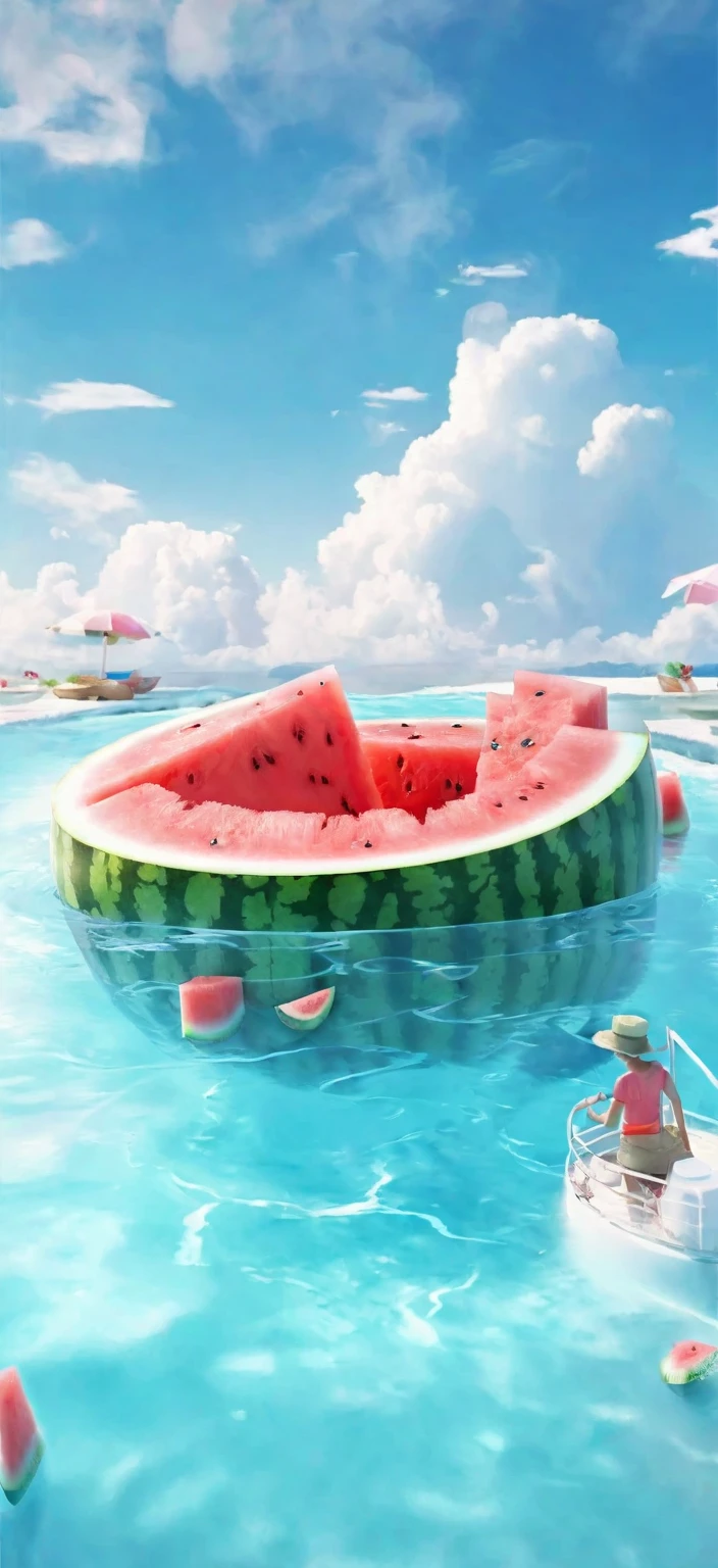 blue sky and white clouds,watermelon,cut watermelon,ice cubes, blueberries, ice block, Floating in the water, in the water,joy,outdoors, Light tone,cinematic lighting, wide shot, highres, 8k, high details