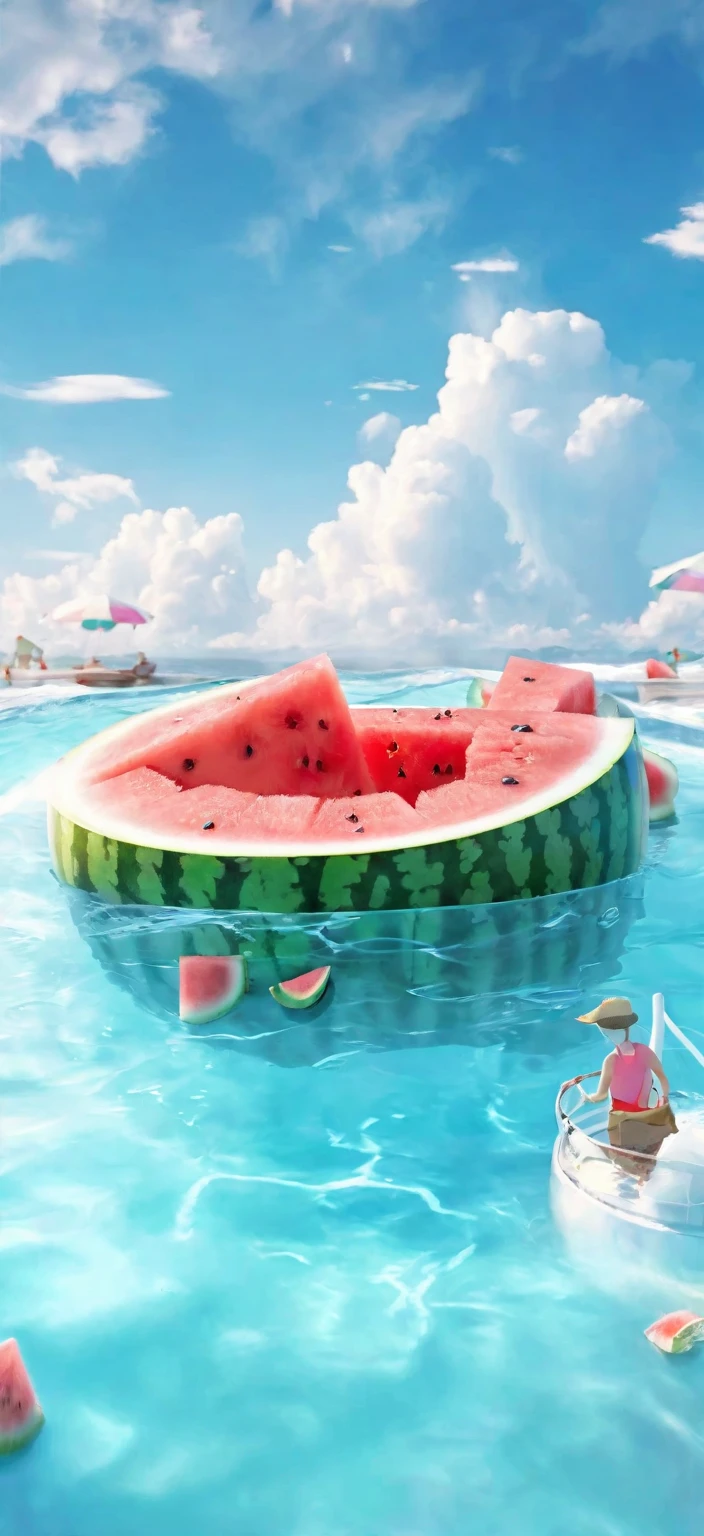 blue sky and white clouds,watermelon,cut watermelon,ice cubes, blueberries, ice block, Floating in the water, in the water,joy,outdoors, Light tone,cinematic lighting, wide shot, highres, 8k, high details