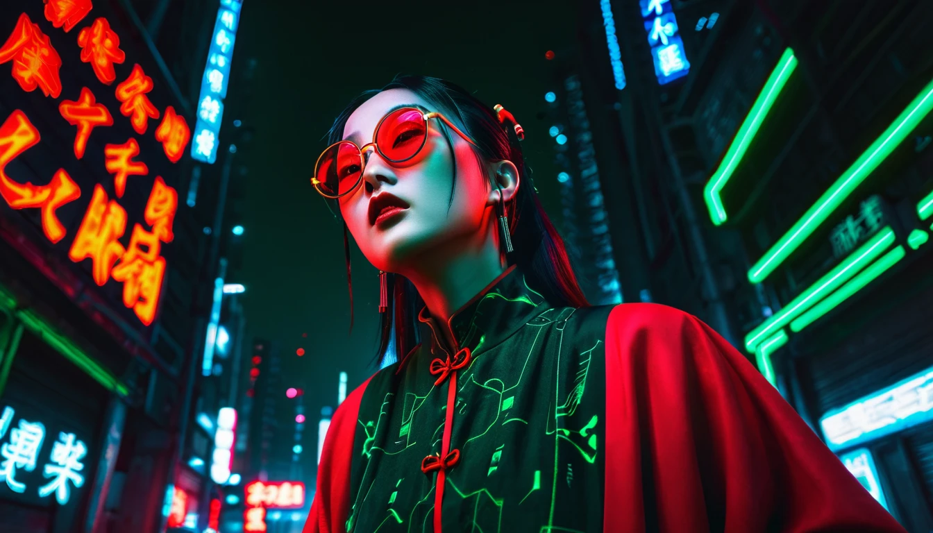 Dark night cyberpunk background,Neon,,Standing,Red and dark green national trend style,woman,Chinese clothing,手持Neon,With round black glasses,Face details at its all,Looking up,Wide-angle shooting,High Definition Rendering