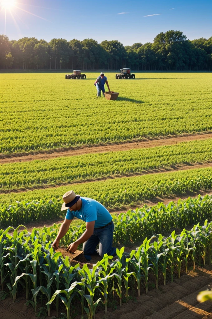 Create me a LOGO where a man is sowing in the field, where there is a bush of corn, with the sun and the blue sky