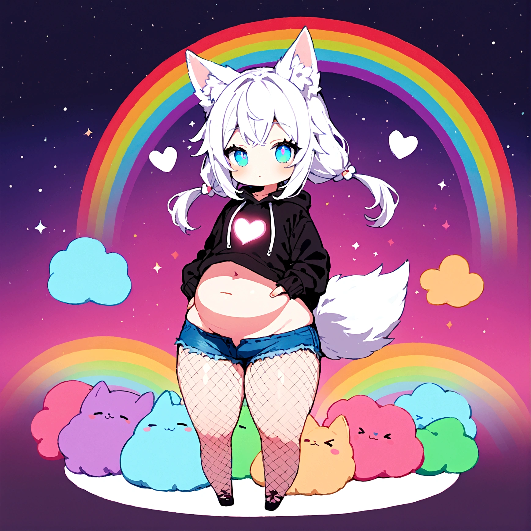 a cute adult male with wolf ears, long white hair, long locks, has a wolf tail, wearing a loose cropped black hoodie, wearing a pair of denim short shorts and fishnet stockings, thick thighs, wide hips, relaxing on mound of fluffy multi colored kawaii plushies, short, very slim, showing slender tummy, heart on hoodie, squishy thighs, has glowing blue eyes. alone, solo (ALONE)(SOLO), surrounded by rainbows, colorful galaxy backround