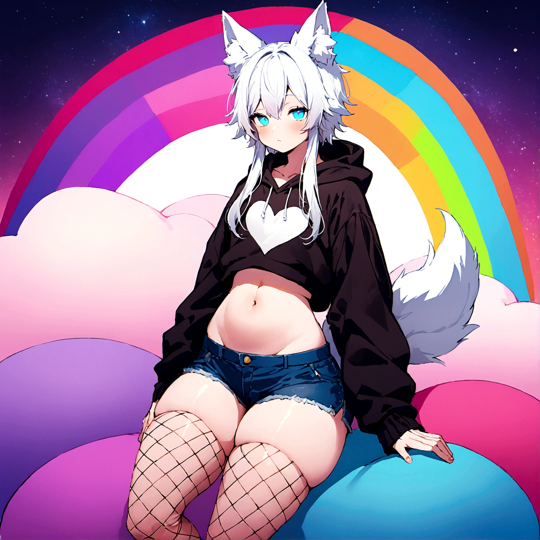 a cute adult male with wolf ears, long white hair, long locks, has a wolf tail, wearing a loose cropped black hoodie, wearing a pair of denim short shorts and fishnet stockings, thick thighs, wide ????, relaxing on mound of fluffy multi colored kawaii plushies, short, very slim, showing slender tummy, heart on hoodie, squishy thighs, has glowing blue eyes. alone, solo (ALONE)(SOLO), surrounded by rainbows, colorful galaxy backround