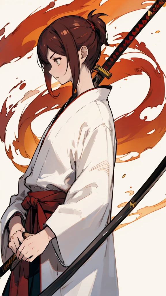 young, with a fire katana, Upper Body、profile。