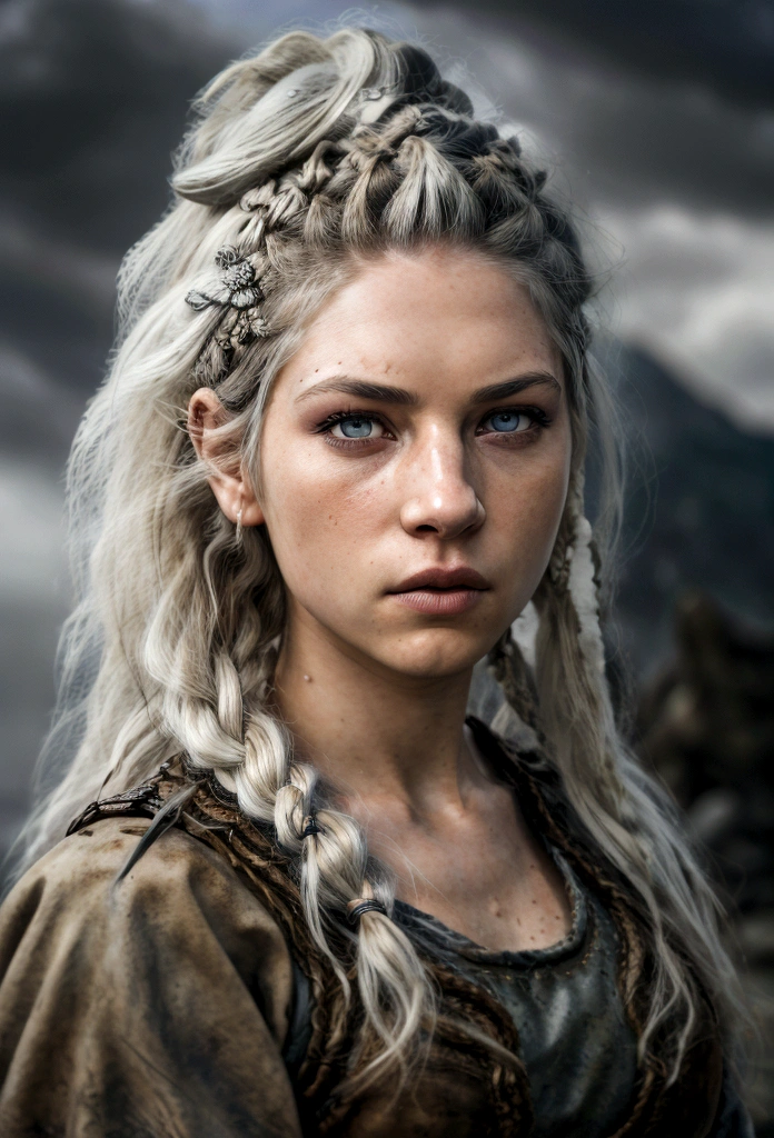 A realistic image for a photograph of a Targaryen princess in the appearance of a Targaryen warrior. Her body is incredibly defined, muscular, and feminine, reflecting both strength and grace. Her white hair cascades in multiple braids, adorned with intricate details. Her clear violet eyes emit a radiant energy, giving her an almost otherworldly aura. Her thick and precisely shaped eyebrows frame her striking and perfectly symmetrical face. The teenage girl of classic Valyrian appearance, with white hair, purple eyes and slim build, with violet eyes. Her expression is one of solemn determination, reflecting her preparation for battle. In the background, An active volcano spews fiery plumes, Its molten intensity contrasting with the gray sky above. The camera chosen captures the warrior's entire body, showing both her warrior stance and her inherent elegance. The image conveys the perfect mix of beauty, strength, and ferocity that defines this Targaryen warrior. The contrast between his delicate features and his robust physique, combined with the fiery backdrop, creates an image that is both captivating and evocative, Cinematic, Hyper Detailed, Crazy Details, Beautifully Colored, Unreal Engine, DOF, Super Resolution, Mega Pixel , cinematic Lightning, Antialiasing, FKA, TXAA, RTX, SSAO, Post-processing, Post-production, Tone mapping, cgi, visual effects, sound effects, Incredibly detailed and intricate, Hyper maximalist, Hyper realistic, volumetric, Photorealistic, ultra photoreal , ultra detailed, intricate details, super detailed, full color, volumetric lightning, HDR, realistic, Unreal Engine, 16k, sharp focus, octane rendering