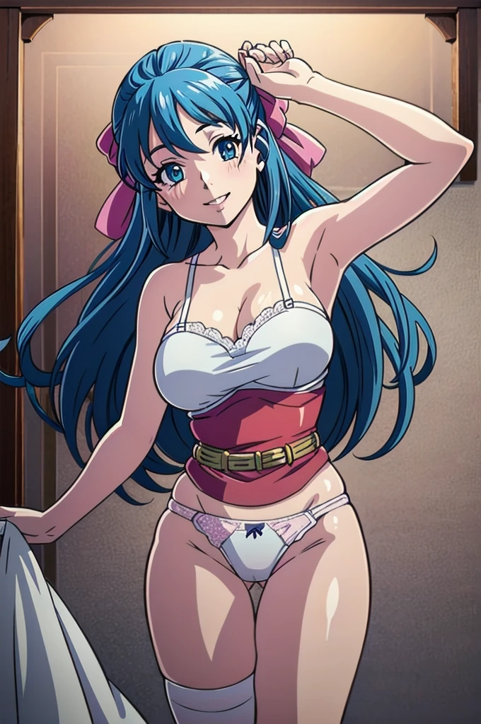 Panties in full view、Underwear in full view、Big Breasts、Blue Panties、Panties in full view、MiniskirtFullNude,lora \(dq5\),Long hair,half updo,white thighhig,1girl in, solo,  face to the viewer, Looking at Viewer, Smile,nighttime scene