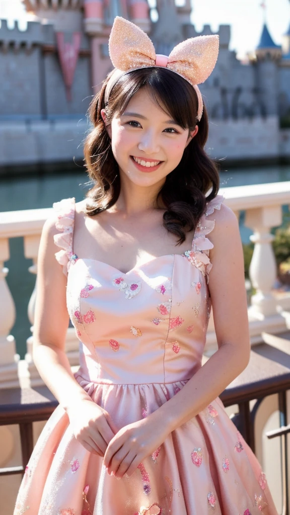 Beautiful woman in a princess dress,Sweet smile,Mickey bow hair accessories,Next to Disneyland Castle