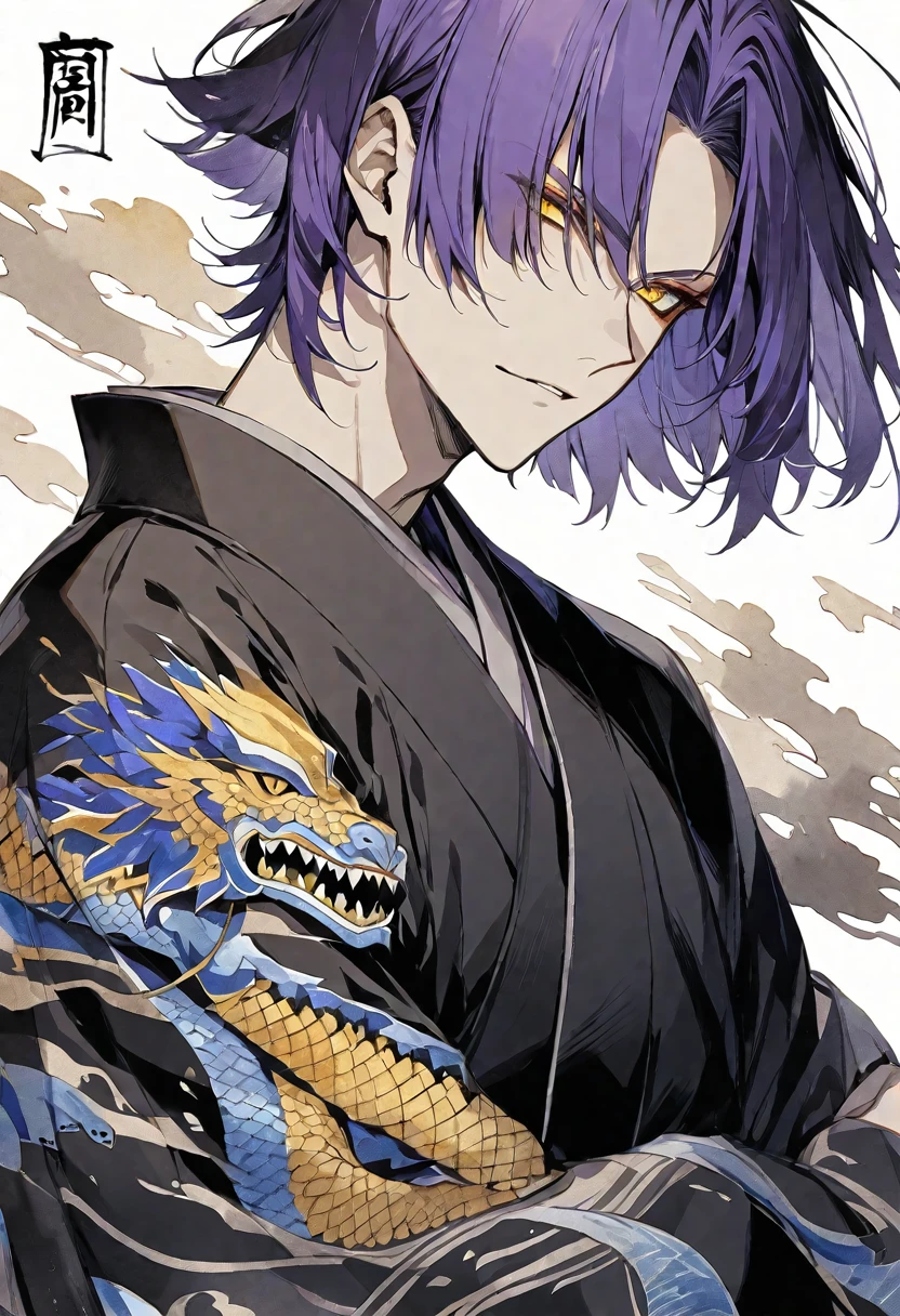 solo,handsome, monotone,Watercolor,
1. male,
bangs,Straight Hair,Bob Hair,
purple hair, Gojo Satoru,
yellow Eyes,doragon tattoo,
Black kimono,Japanese Pattern,
skin,Silver Accessories,doragon,
White background,
