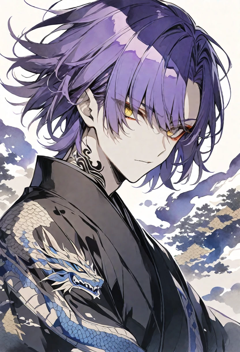solo,handsome, monotone,Watercolor,
1. male,
bangs,Straight Hair,Bob Hair,
purple hair, Gojo Satoru,
yellow Eyes,doragon tattoo,
Black kimono,Japanese Pattern,
skin,Silver Accessories,doragon,
White background,