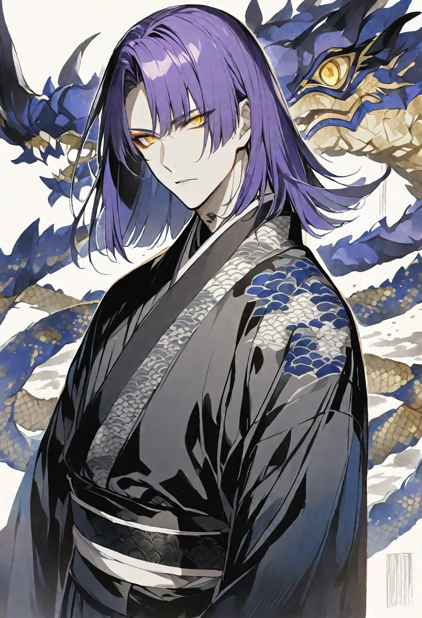 solo,handsome, monotone,Watercolor,
1. male,
bangs,Straight Hair,Bob Hair,
purple hair, Gojo Satoru,
yellow Eyes,doragon tattoo,
Black kimono,Japanese Pattern,
skin,Silver Accessories,doragon,
White background,