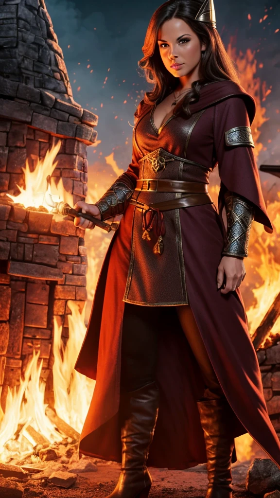 4K Illustration, comic art, destroyed fantasy village, fire, smoke, dynamic spell casting action pose, a high definition image of a young gorgeous Crissy Moran, angry, sexy mini medieval wizard robe, lips parted, smooth bob hair, perfect anatomy, beautiful make-up