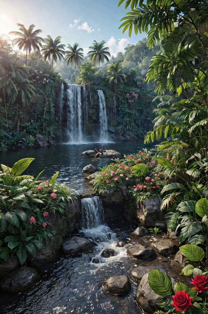 unreal engine 5 render, jungle, river, flowers, animals, extremely detailed, colorful, roses, blue sky, sun