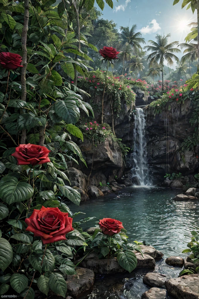 unreal engine 5 render, jungle, river, flowers, animals, extremely detailed, colorful, roses, blue sky, sun
