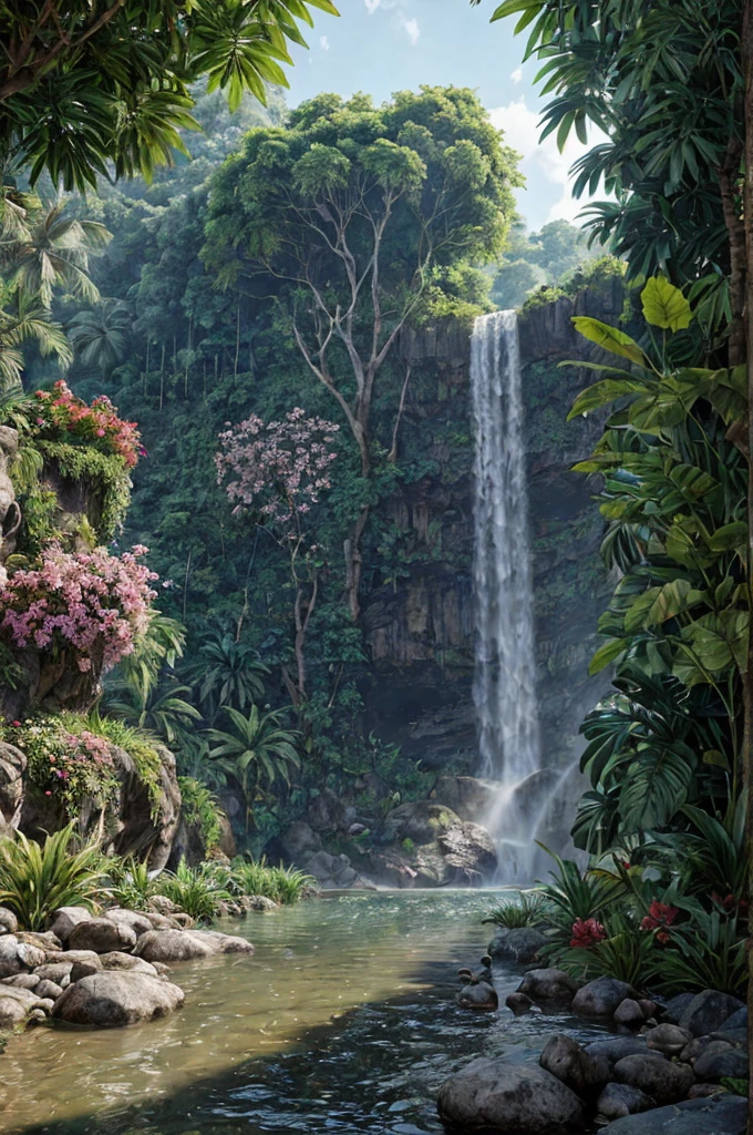 unreal engine 5 render, jungle, river, flowers, animals, extremely detailed, colorful, roses, blue sky, sun