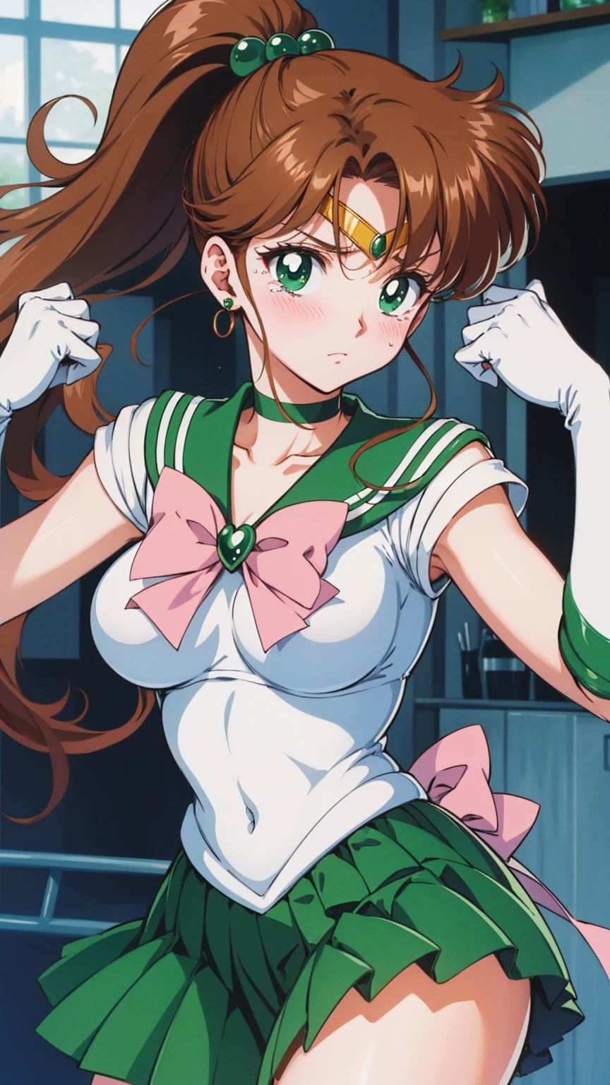 best quality, ultra-detailed, high resolution, 4k,(1990s \(style\),retro artstyle,1990s anime cels style, anime screencap,vivid colors), night, sailor jupiter, sailor senshi uniform, from behind, ass, leotard, green sailor color, white gloves, pink ribbon, ponytail, medium breasts, (clothed:1.3), jewelry, earring, (vulgarity:1.4), (nose blush:1.2),
