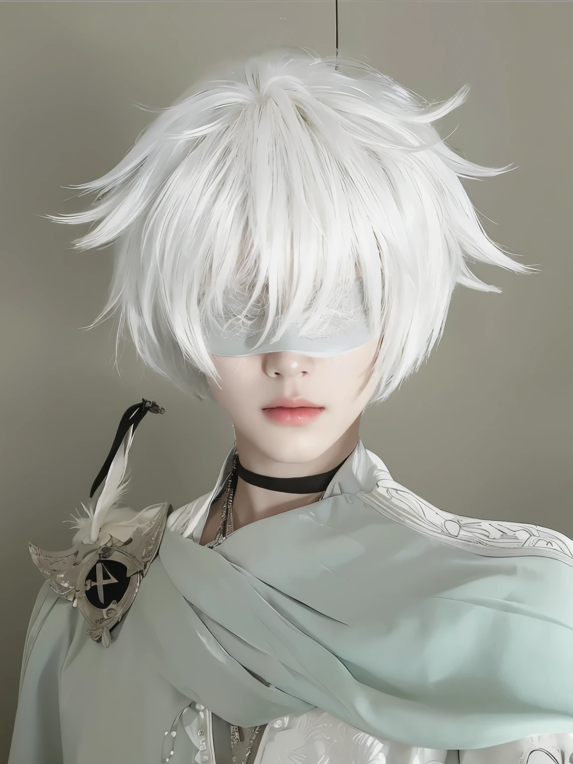 masterpiece, Best quality,A boy with short white hair,Facing the camera,Blindfolded,20 years old,cos modeling,