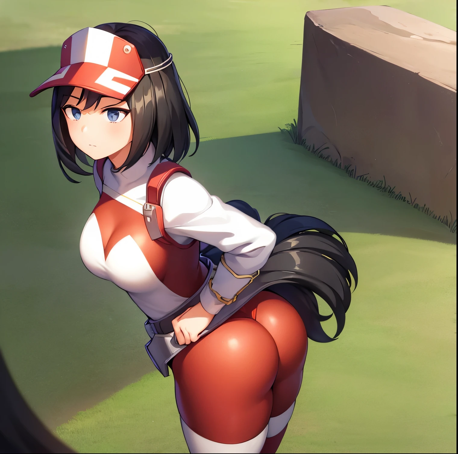 1 girl, alone, yui kodai, artwork, detailed, sharp focus, detailed eyes, looking at viewer, cowboy shot, black horse, short hair, black eyes, frown, blushing, mouth closed, teacher, best quality, ((cap with visor)), (tight red suit)),((red spandex suit)),(white details),((belt)),long sleeves, ((white skirt)),((white boots) ), large breasts, medium waist, wide hips, medium thighs, round butt,((1girl )),((solo)),standing, outdoors, school, jadin, yard, looking back, , ((focus on ass)), point of view ( from below), perfect hands, perfect .