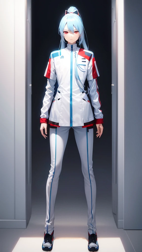 Light blue hair, white background, full body, standing, red eyes, cyber clothes, cool, slanted eyes, ponytail, long hair, facing forward