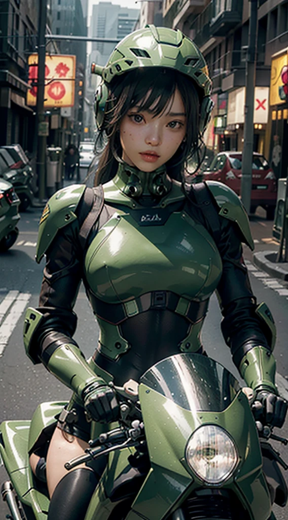 Highest image quality, outstanding details, ultra-high resolution, (realism: 1.4), the best illustration, favor details, highly condensed 1 naked girl, with a delicate and beautiful face, dressed in a black and green mecha, wearing a mecha helmet, holding a directional controller, riding on a motorcycle, the background is a high-tech lighting scene of the future city.
