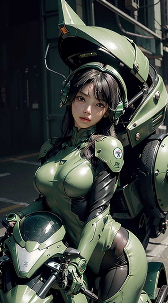 Highest image quality, outstanding details, ultra-high resolution, (realism: 1.4), the best illustration, favor details, highly condensed 1  girl, with a delicate and beautiful face, dressed in a black and green mecha, wearing a mecha helmet, holding a directional controller, riding on a motorcycle, the background is a high-tech lighting scene of the future city.