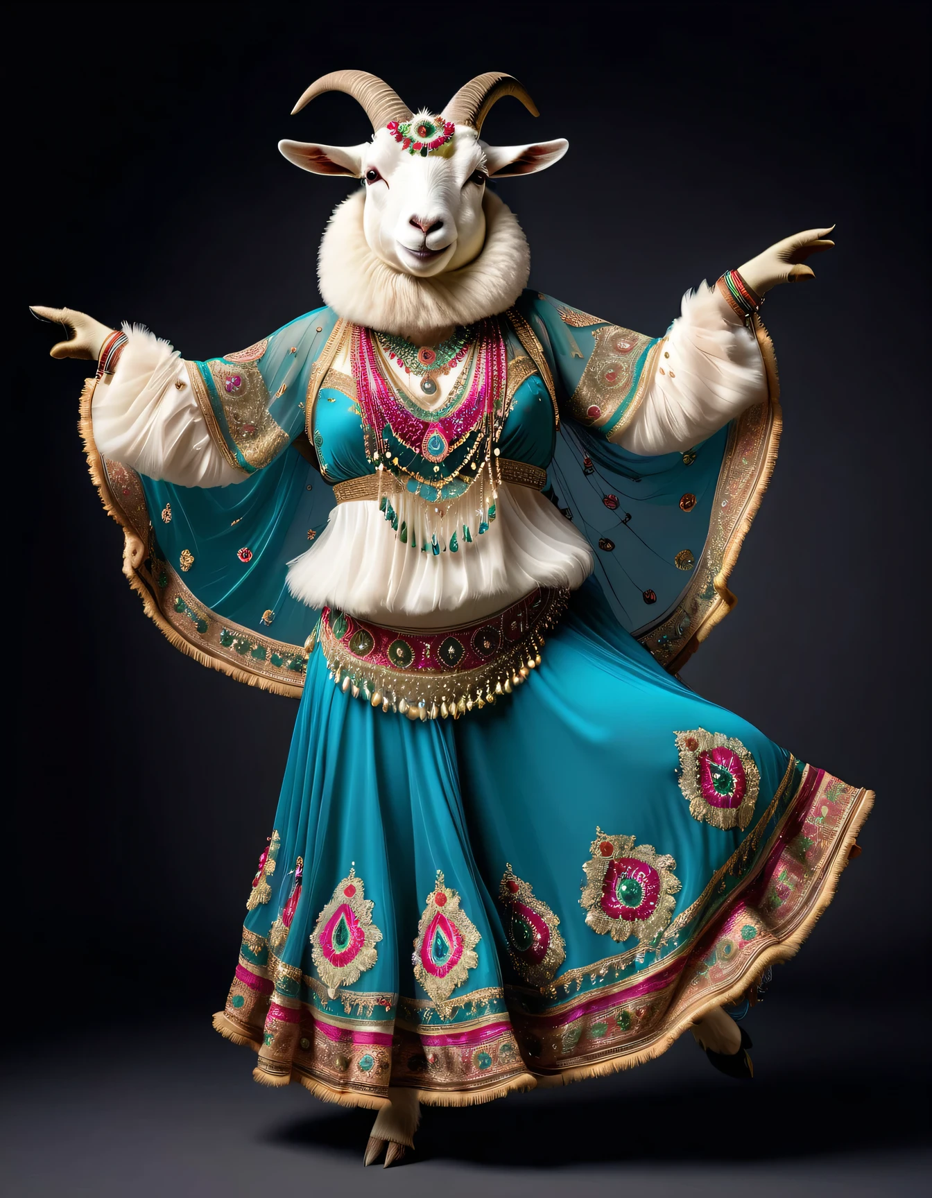 photorealistic portrait of Dressed animals - a ((fat)) ((goat)) dancer,(furry), (dynamic dancing:2.0), (swinging arms :2.0),(happy smile:1.2),high quality,(happy),(lovely) ,intricate details, (sheer veil), highly detailed (( gypsy belly dancing clothes)) ,highly detailed decorations of clothes, Wearing gypsy belly dancing clothes, , (happy), studio lighting,(full body image:1.5),simple background,(viewed from side:2.0),