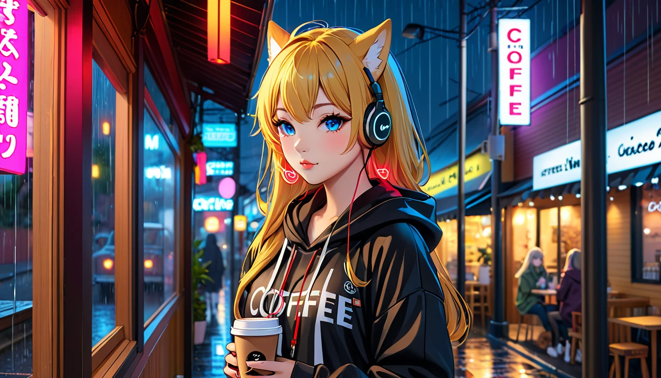 Highest quality、8K、masterpiece、1 Elf Female、solo、Blonde、Stylish hoodies、Earphones hanging around the neck、Street、charm、rain、Neon Light、Vivid eyes、Put your hands in your pockets、Shiba Inu、Open terrace coffee shop