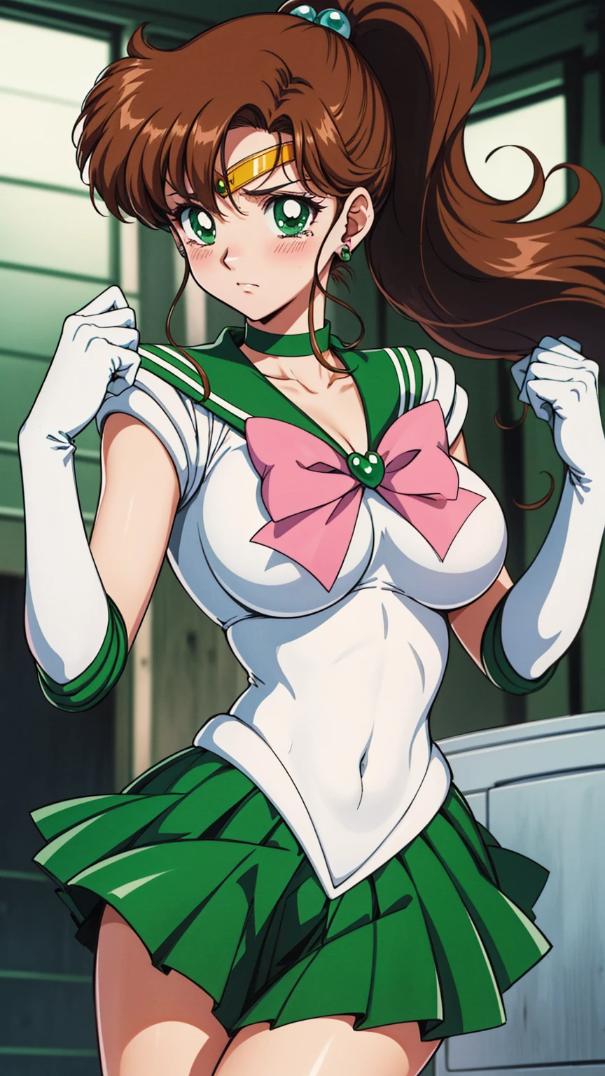 Highest quality, High resolution, 1990s \(style\), retro artstyle, 1990s anime cels style, Sailor Jupiter, Fighting, Sailor Warrior Uniform, Green sailor collar, White gloves, Green pleated skirt, Pink ribbon, ponytail, jewelry, Earrings、(Torn clothes、tits)、Dynamic、廃墟でFighting、Torture scene、Torture chamber、Tortured Woman、tears、blush、sad