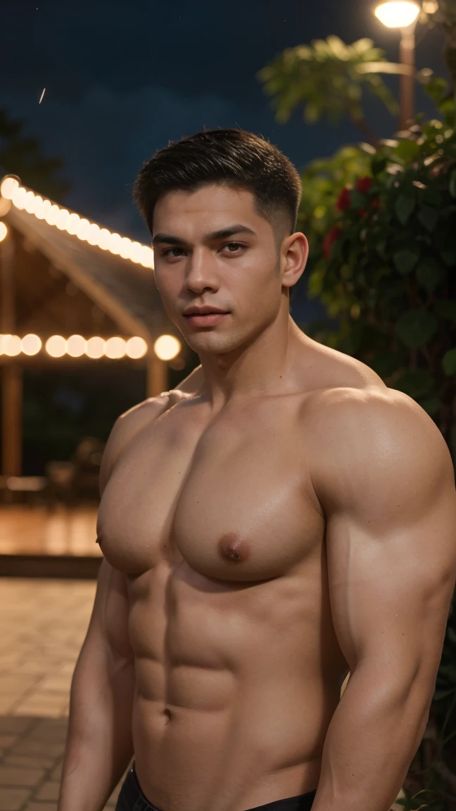 (Very large pecs , oriental latinosm,pecs hot hot boy bodybuilder , peitões gostosos e gigantesco extremely tasty e grandes, bara pecs,huge pecs:1.3),Child boy , hot hot 20 years old, with a very handsome and handsome beard who is topless,without pants ,gay front view, looking at the camera, (pretentious smile:0.65), (Jumpy:0.3),25 super hot years old, cara de boy, vampire attractive face, youthful face, Cinematic footage in ultra realistic Canon 5D, dense atmosphere, red roses, .night time scene, Red rose petals, , Short hair bob cut, (extremely pretty:1.2), half-body shot,, undercut hair, extremely tasty