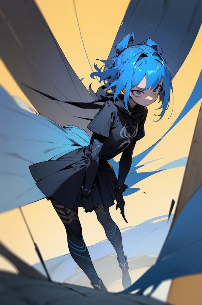 1girl, tan skin, (ombre blonde to blue hair:1.5), spider girl, 4 eyes like a spider, all black eyes, demonic, clothing design, tomboy, standing, black and grey clothing, blue accent color