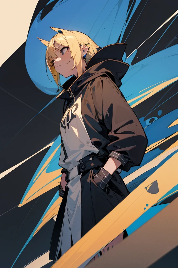 1girl, tan skin, (ombre blonde to blue hair:1.5), spider girl, 4 eyes like a spider, all black eyes, demonic, clothing design, tomboy, standing, black and grey clothing, blue accent color