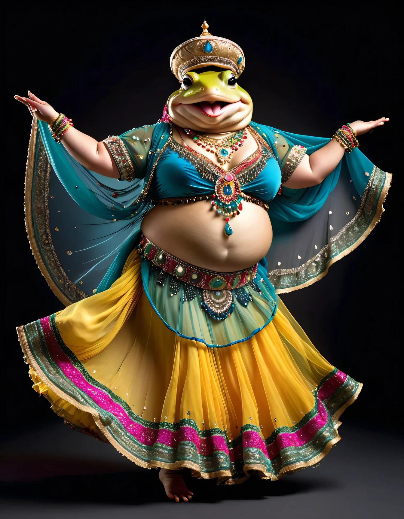 photorealistic portrait of Dressed animals - a ((fat)) ((toad)) dancer,(), (dynamic dancing:2.0), (swinging arms :2.0),(happy smile:1.2),high quality,(happy),(lovely) ,intricate details, (sheer veil), highly detailed (( gypsy belly dancing clothes)) ,highly detailed decorations of clothes, Wearing gypsy belly dancing clothes, , (happy), studio lighting,(full body image:1.5),simple background,(viewed from side:2.0),